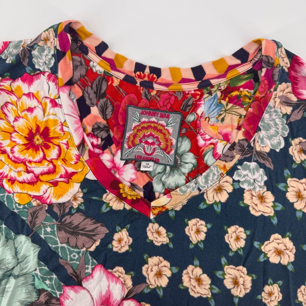 Johnny Was Floral Patchwork Top Womens Medium Multicolor Bamboo V-Neck R16020E-D